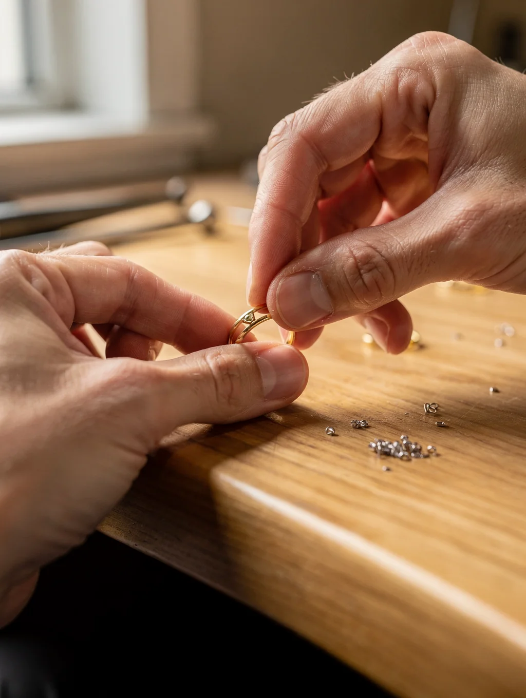 Artisan hands working on a gold ring in a sunlit studio